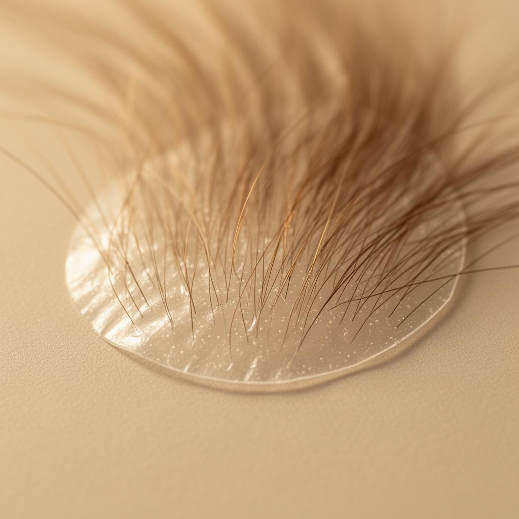 Close-up of a CNC hair prosthetic membrane with hand-tied hairs